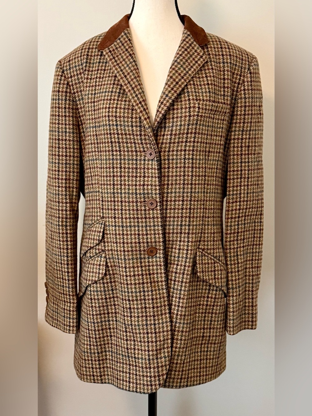 Ralph Lauren Brown Houndstooth Blazer with Suede Collar